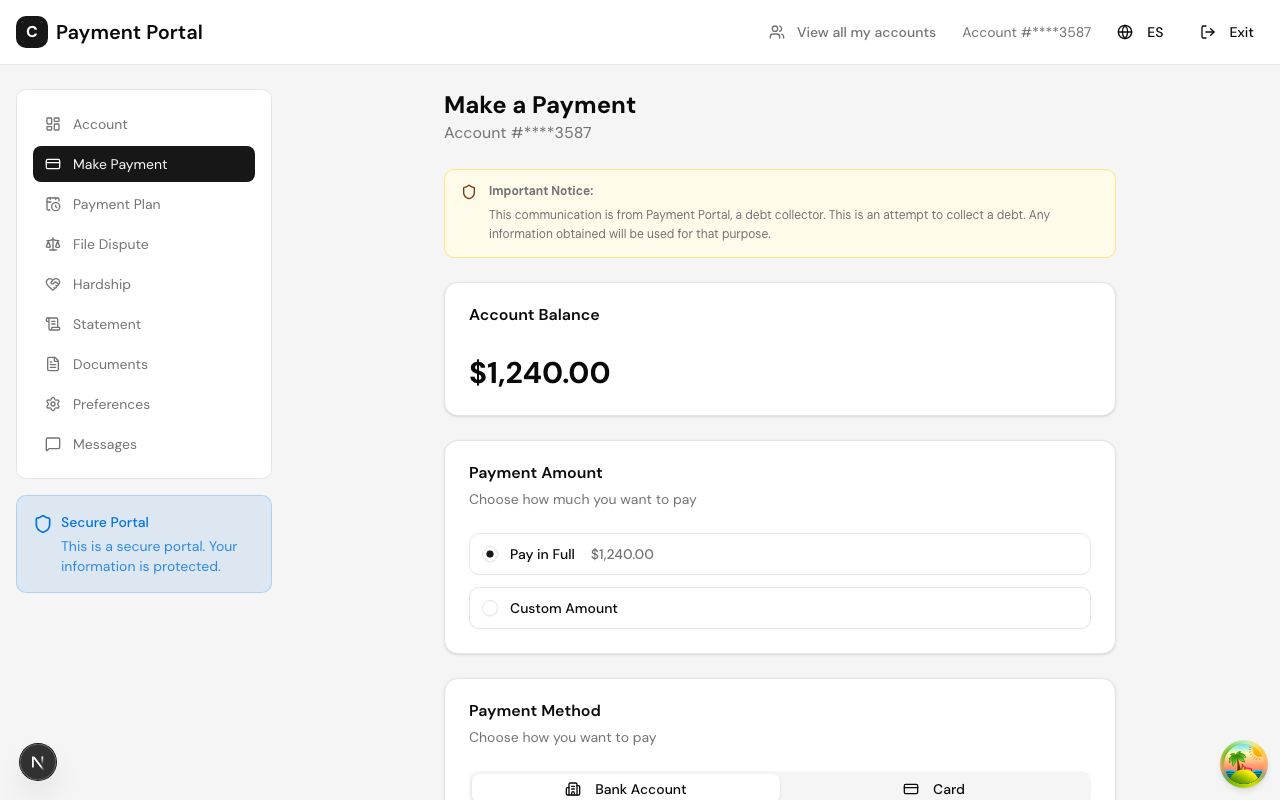 The Make a Payment page — choose an amount and a payment method.