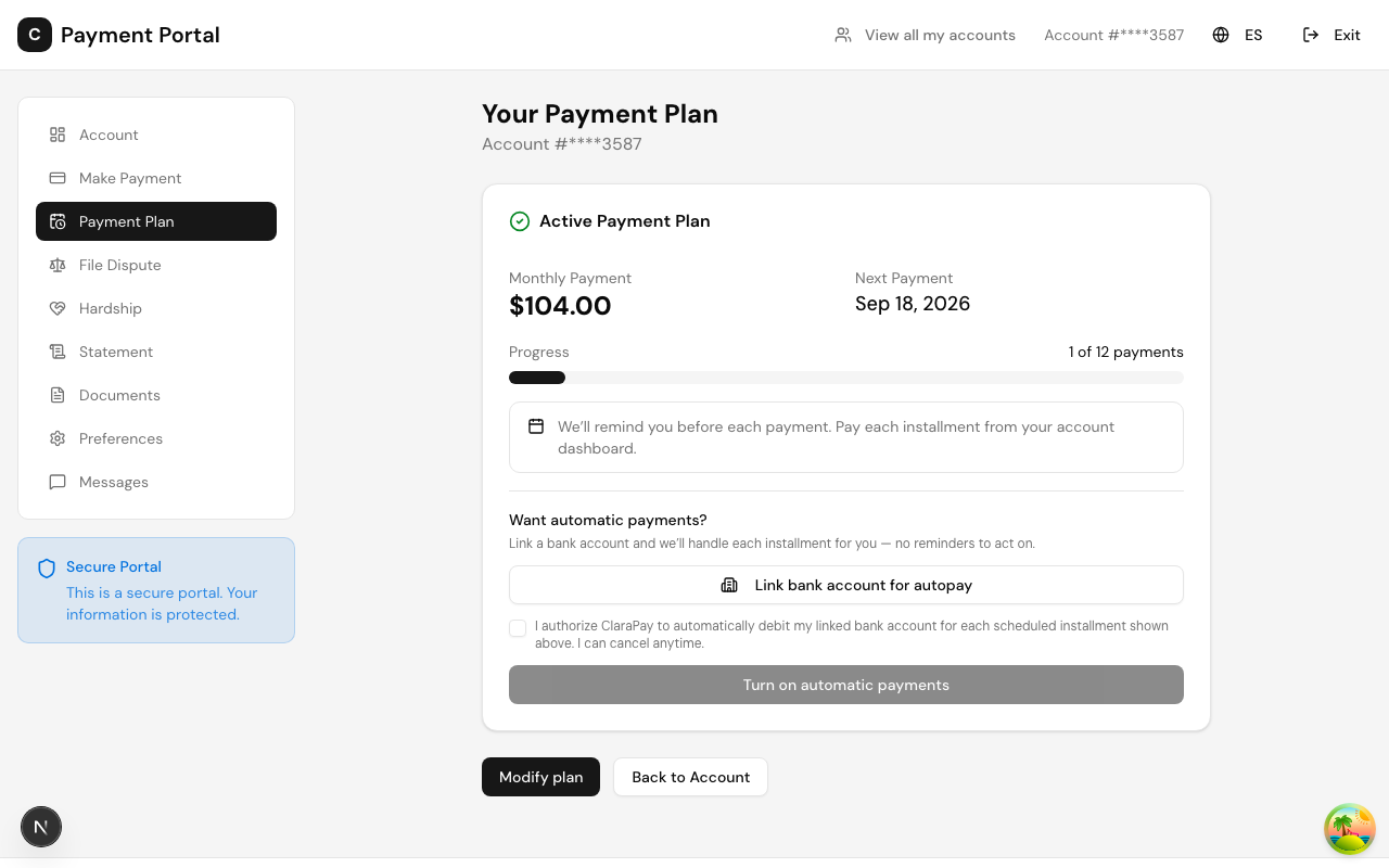 Your active payment plan — monthly amount, next payment date, and autopay.